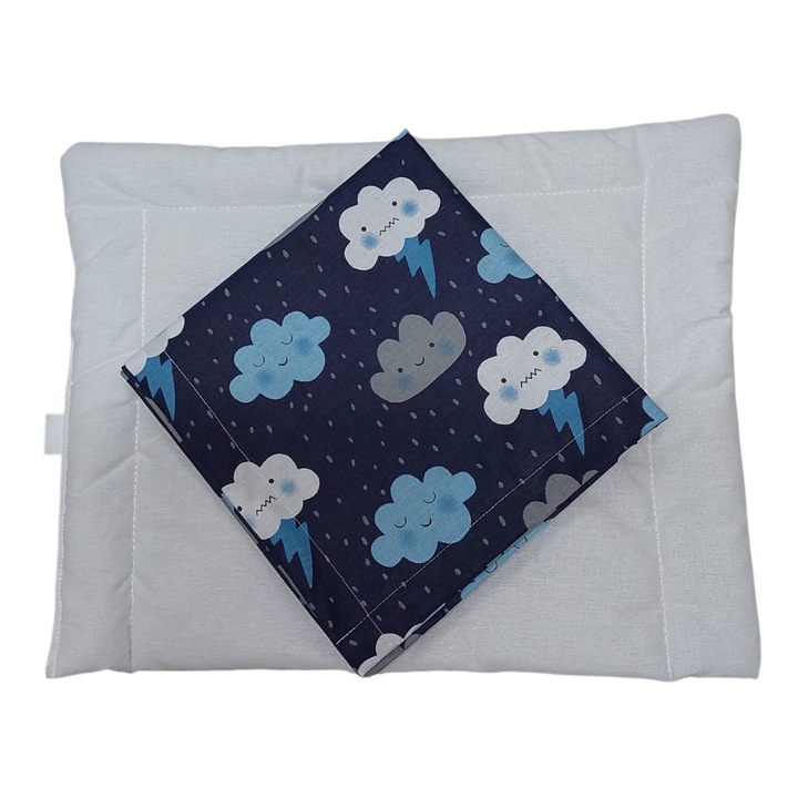 Set perna bebelusi 30x40x2 cm cu fata de perna, M501 Norisori albastru inchis, inchidere tip plic, pentru carucior si cresa, Albatex Home