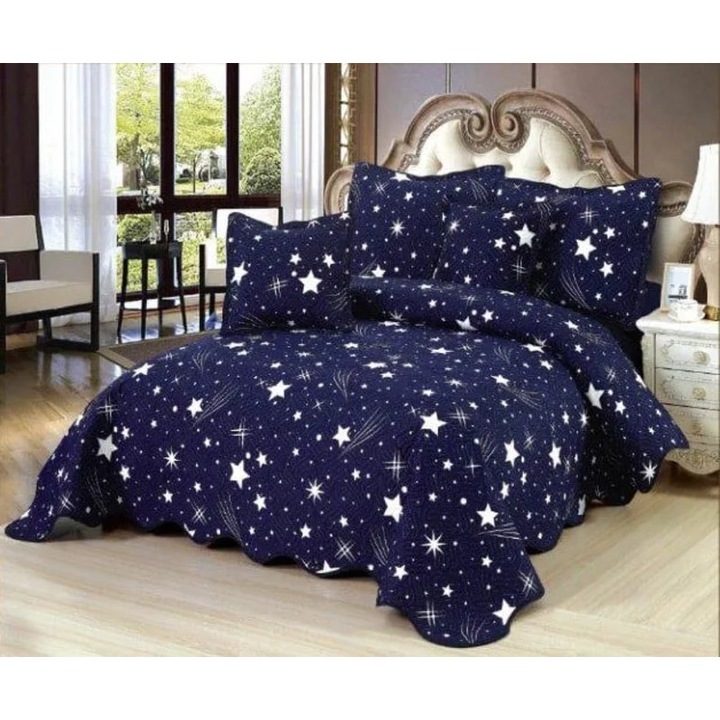 Cuvertura de pat, 5 piese, bumbac finetat, dimensiune 230x250 cm, fata de perna 60x80 cm (2 bucati) + fata de perna 55x55 cm (doua bucati)