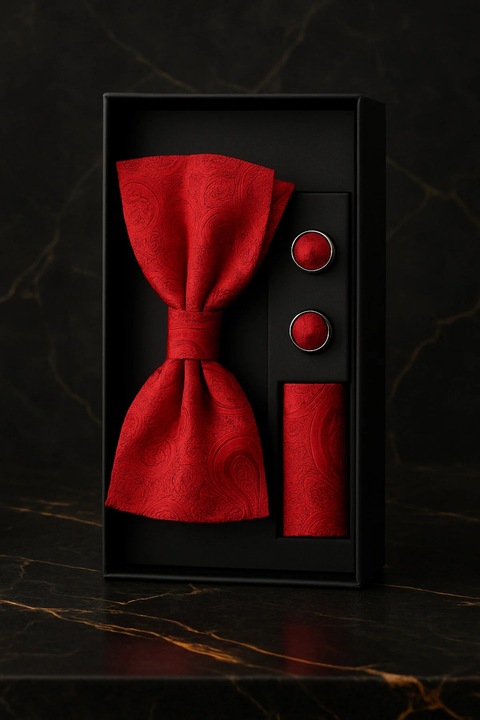 Férfi szett csokornyakkendővel, mandzsettagombokkal, díszzsebkendővel - Red Royale