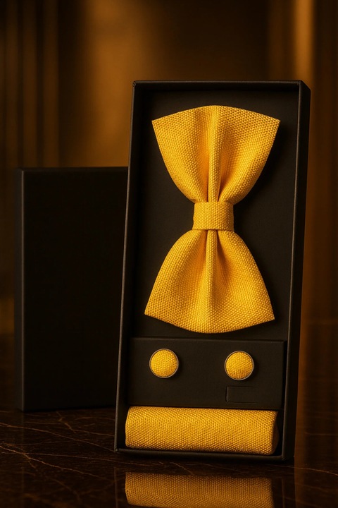 Férfi szett: csokornyakkendő, mandzsettagombok, díszzsebkendő – Golden Statement