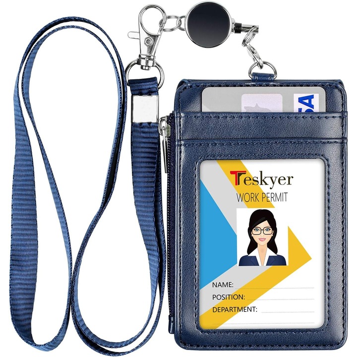 Suport card retractabil Teskyer din piele PU, 4 sloturi, buzunar fermoar, 7.8x11.9 cm