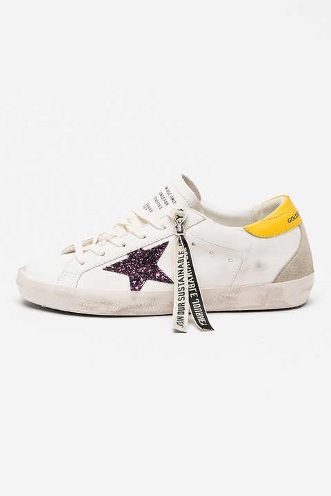 GOLDEN GOOSE, Pantofi sport Super-Star Classic cu logo stralucitor, Gri deschis/Galben pal/Alb murdar