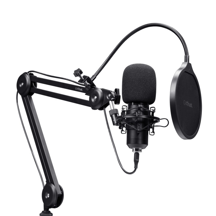 Microfon Trust Emita GXT270 cu brat birou, pentru Streaming, Podcast, Youtube, Vlogging, cardioid, USB, Cablu 2,5m, negru
