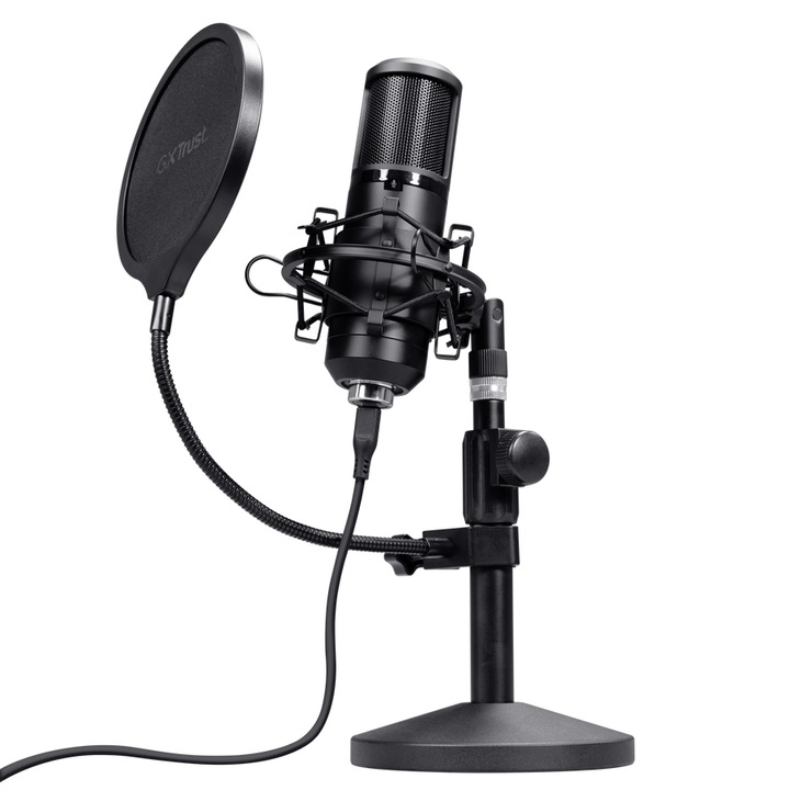 Microfon stand Trust Emita Plus GXT269, cardioid, ajustabil, pentru Streaming, Podcast, Youtube, negru
