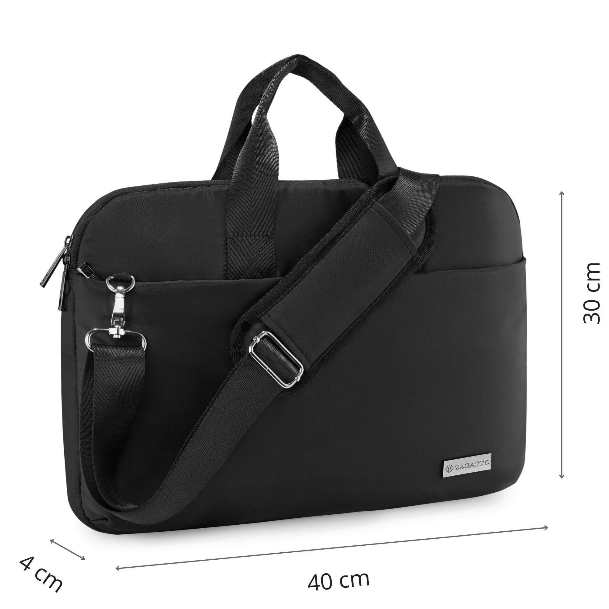 Geanta laptop 15.6 inch, Zagatto® ZG1079, Dimensiuni 40x8x30 cm, Rezistenta la apa, Atasabila la troler, Eleganta, Business, Curea de umar reglabila si detasabila, Buzunar frontal cu fermoar, Pentru notebook, Compatibila Macbook Pro, Air, Neagra