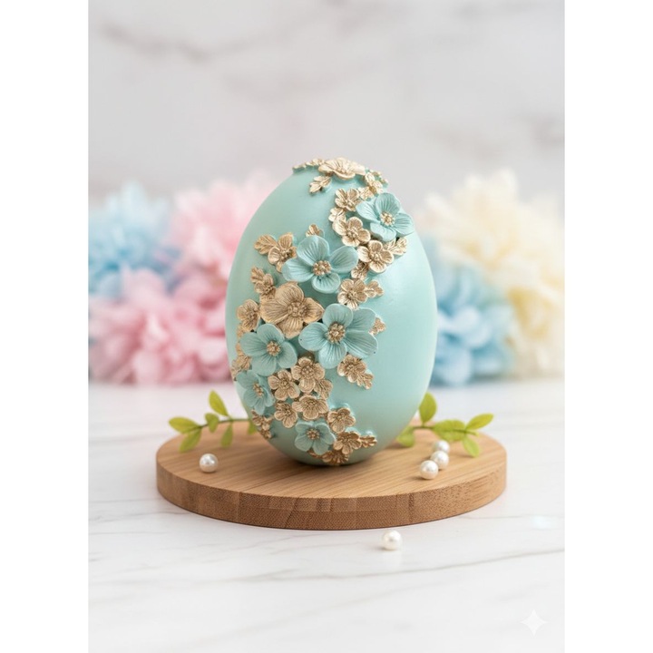 Decoratiune de Pascala - Ou de Paste de Lux din Polirasina – Turcoaz cu Relief Floral Auriu, Premium 12 cm
