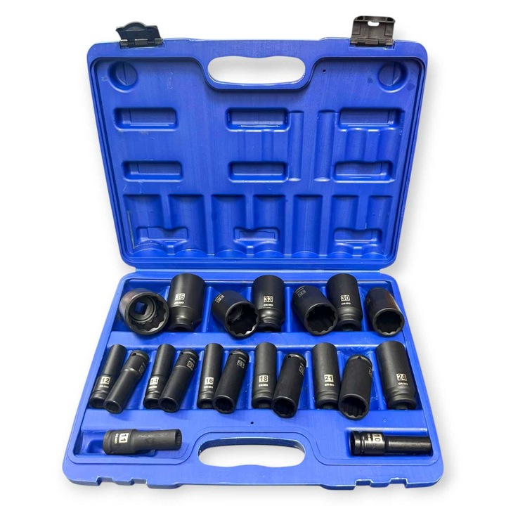 Set de chei tubulare adânci - 20 piese, prindere 1/2", profil cu 12 puncte (8-38 mm)