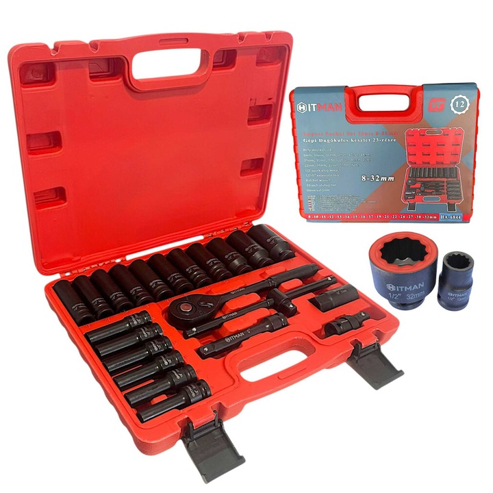 Set Chei Tubulare Profesionale - 23 piese, 1/2" Profil Stea cu 12 puncte - HITMAN HA-6844