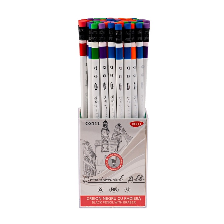 Set 72 creioane negre HB cu radiera Daco, design triunghiular ergonomic, lemn natural