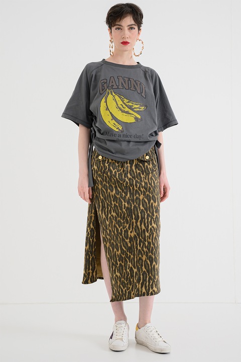 GANNI, Tricou supradimensionat cu imprimeu logo, Galben/Gri inchis