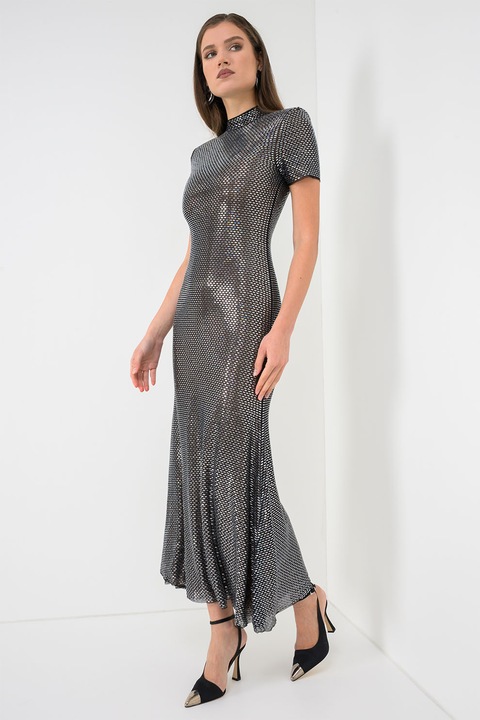 SELF-PORTRAIT, Дълга рокля с веревна кройка и декоративни камъни, Сребрист