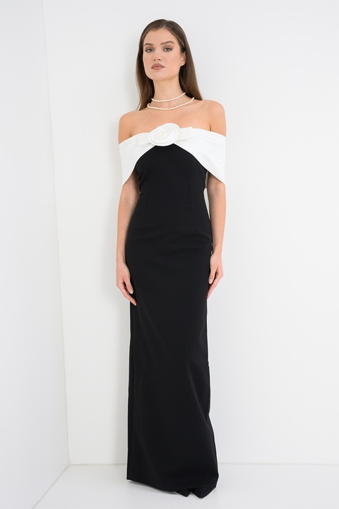 SELF-PORTRAIT, Рокля с голи рамене и флорална апликация, Бял/Черен