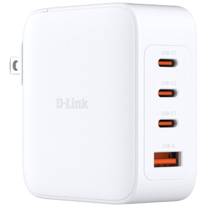 D-Link hálózati töltő, Quick Charge GaN PD 3.0, 100W, 3 x USB Type-C 20.0V / 5.0A max, 1 x USB 12.0V / 2.5A, fehér