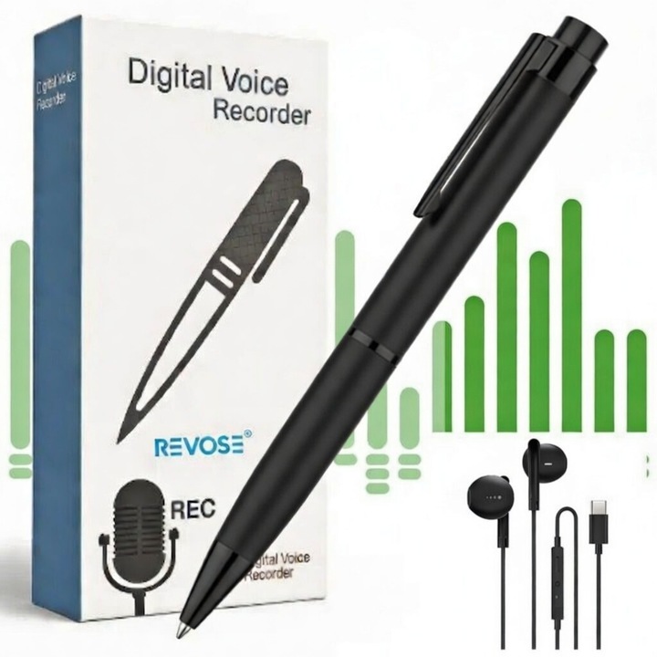 Pix Spion cu Inregistrare Audio HD – Pix Dictafon Ascuns 64GB, Microfon Sensibil, USB Type-C, App pe Telefon, Autonomie Lunga, Negru