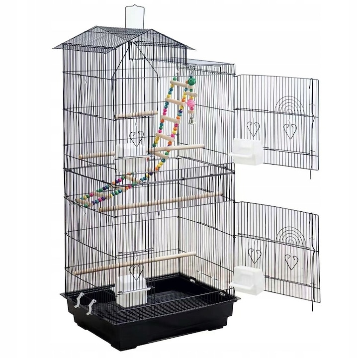 Cusca mare pentru papagali, canari si pasari exotice, neagra, cu casuta MUVU