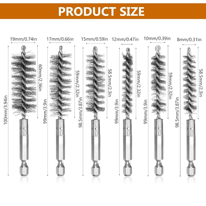 Set de 12 perii de sarma pentru masini de gaurit: 6 perii din otel inoxidabil si 6 perii din cupru, perie cilindrica rotunda cu tija hexagonala, perie perforata pentru lustruire si indepartarea ruginii