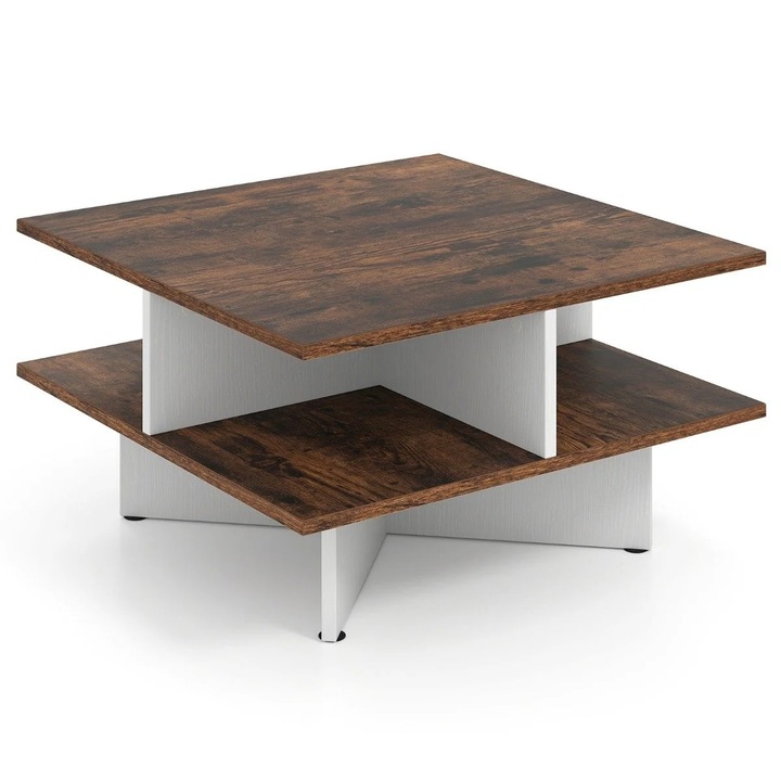 Квадратна дървена масичка за кафе с рафтове за съхранение