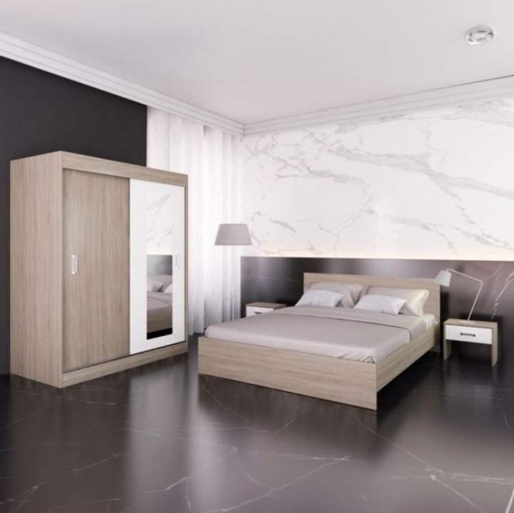 Dormitor AmzMob INES, 4 Piese, Pat 160 x 200, 2Noptiere, Dulap cu usi glisante, Culoare Stejar sonoma/Alb