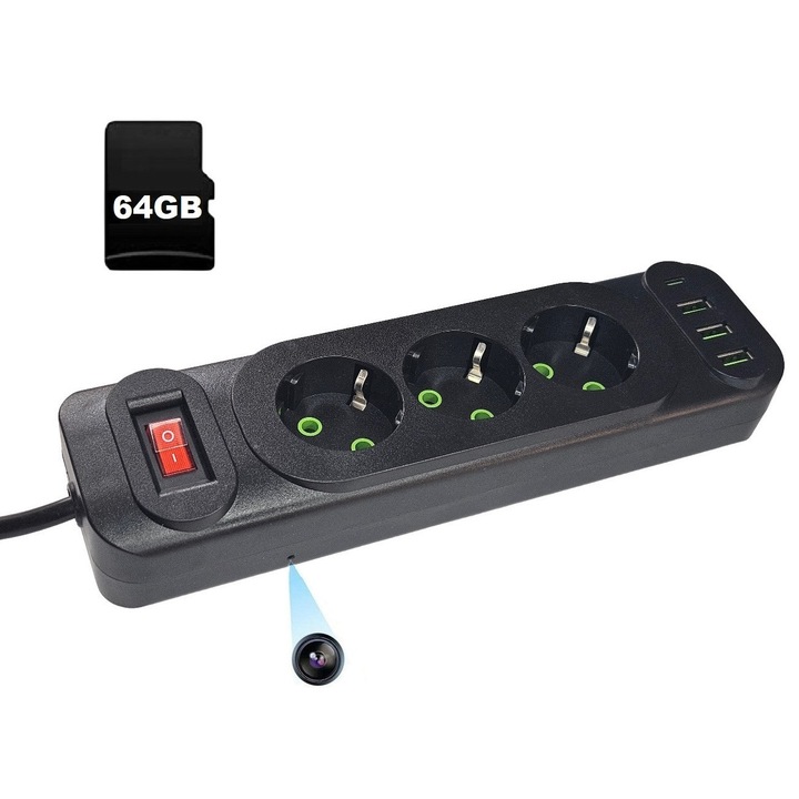 Camera ascunsă în prelungitor 3 prize, rezoluție Full HD, memorie 64GB, WiFi, negru, set