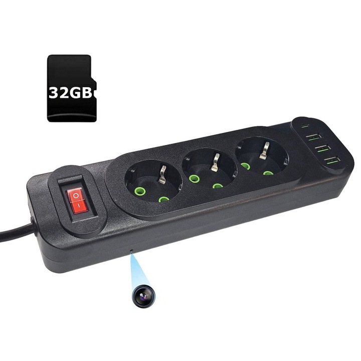 Camera ascunsă în prelungitor 3 prize, WiFi, Full HD, 32GB, Negru, Set
