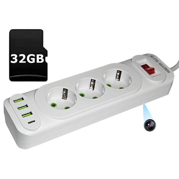 Скрита Камера в Разклонител, WiFi, Full HD, 32GB, Бяла, Комплект с Ръководство за Потребителя