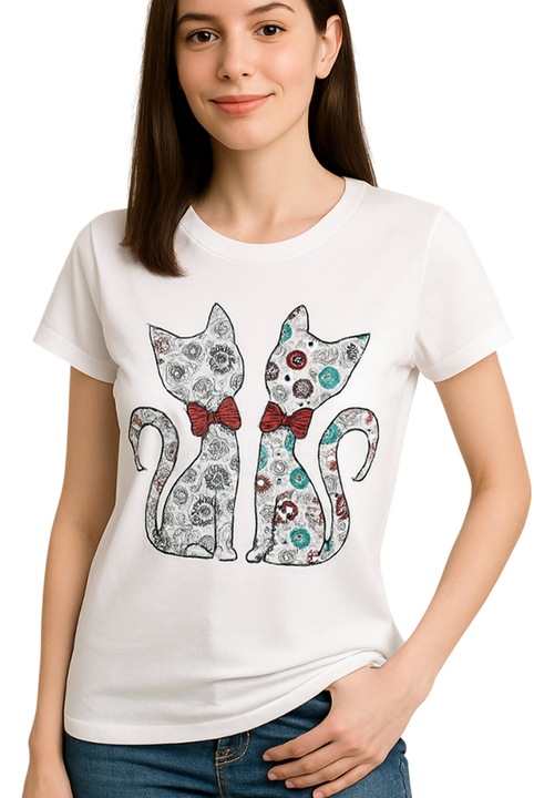 Női póló, díszítő macska applikációk, egy méret, fehér