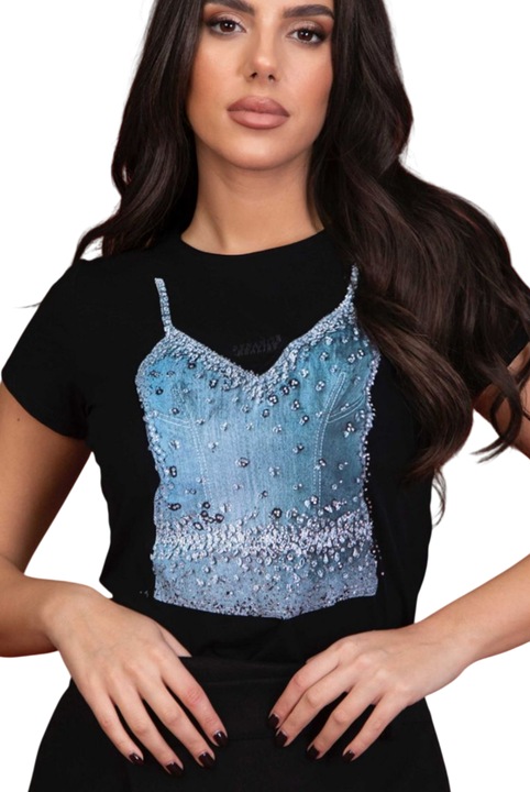 Női póló, díszes strassz applikációk, egy méret, fekete
