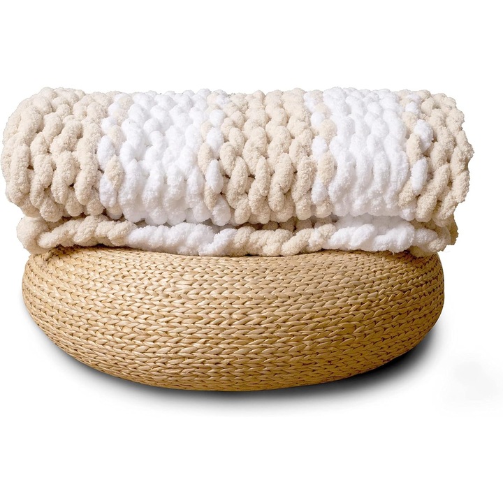 Patura Grosa 100% Tricotata Manual, Chenille Jumbo (127x152 cm), Bej si Alb
