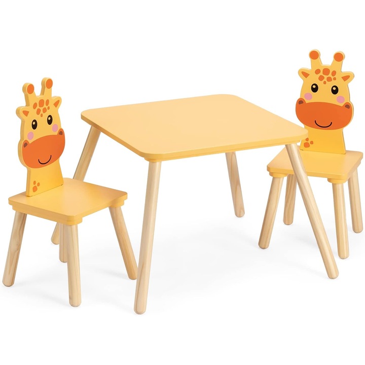 Set masa cu 2 scaune pentru copii Navaris, din lemn de pin si MDF, model girafa, 50 x 50 x 38 cm, pentru joaca, desen sau luat masa, Portocaliu