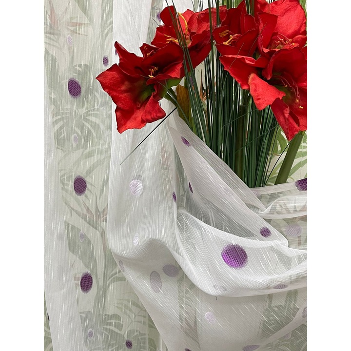 Perdea brodata mecanic, culoare alb/mov, din colectia "Esferas" by Liz Line, 300x245cm, cu rejansa PD1533