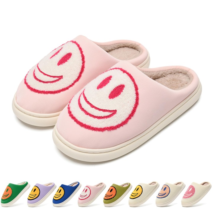 Унисекс домашни чехли MAXVINCI, мек плюшен интериор, ретро модел усмихнато лице, размер 38-39, розово с бяло