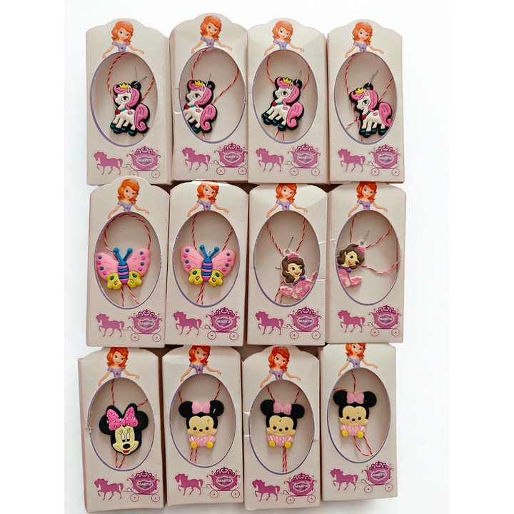 12 darab martisor szett gyerekeknek, Szófia hercegnő, egyszarvú, pillangó, hercegnő, Minnie minták, szilikon gumi, többszínű