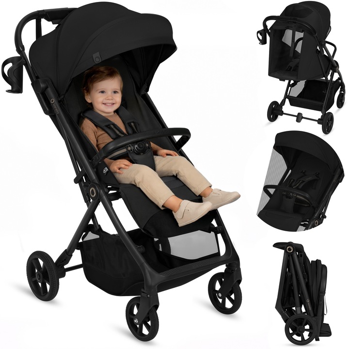 Carucior sport Lionelo Tansi, compact, pliere automată, roți GravelTech, Negru, 0-22 kg, 93 cm