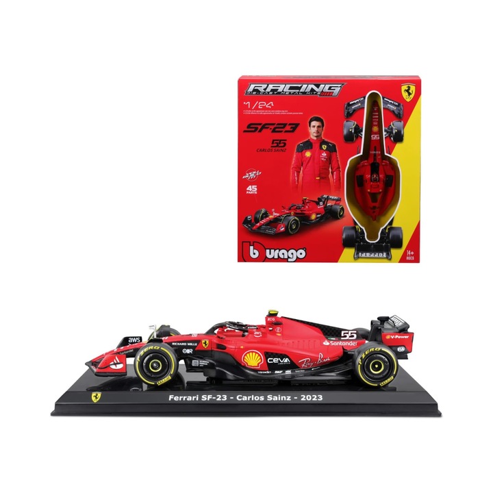 Macheta mașină model, Bburago, Formula 1 Carlos Sainz Ferrari SF-23 #55, asamblare, 1/24, metal+plastic, 45 piese