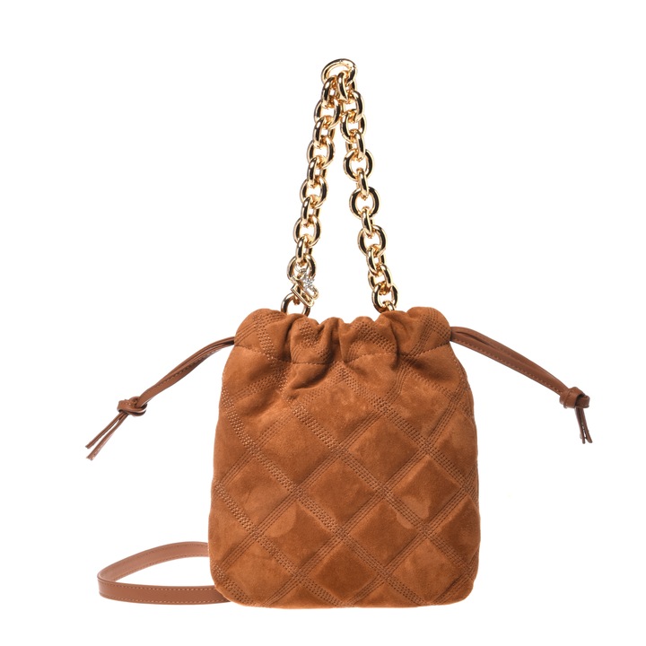 Baldinini, Geanta bucket din piele intoarsa cu lant, Maro