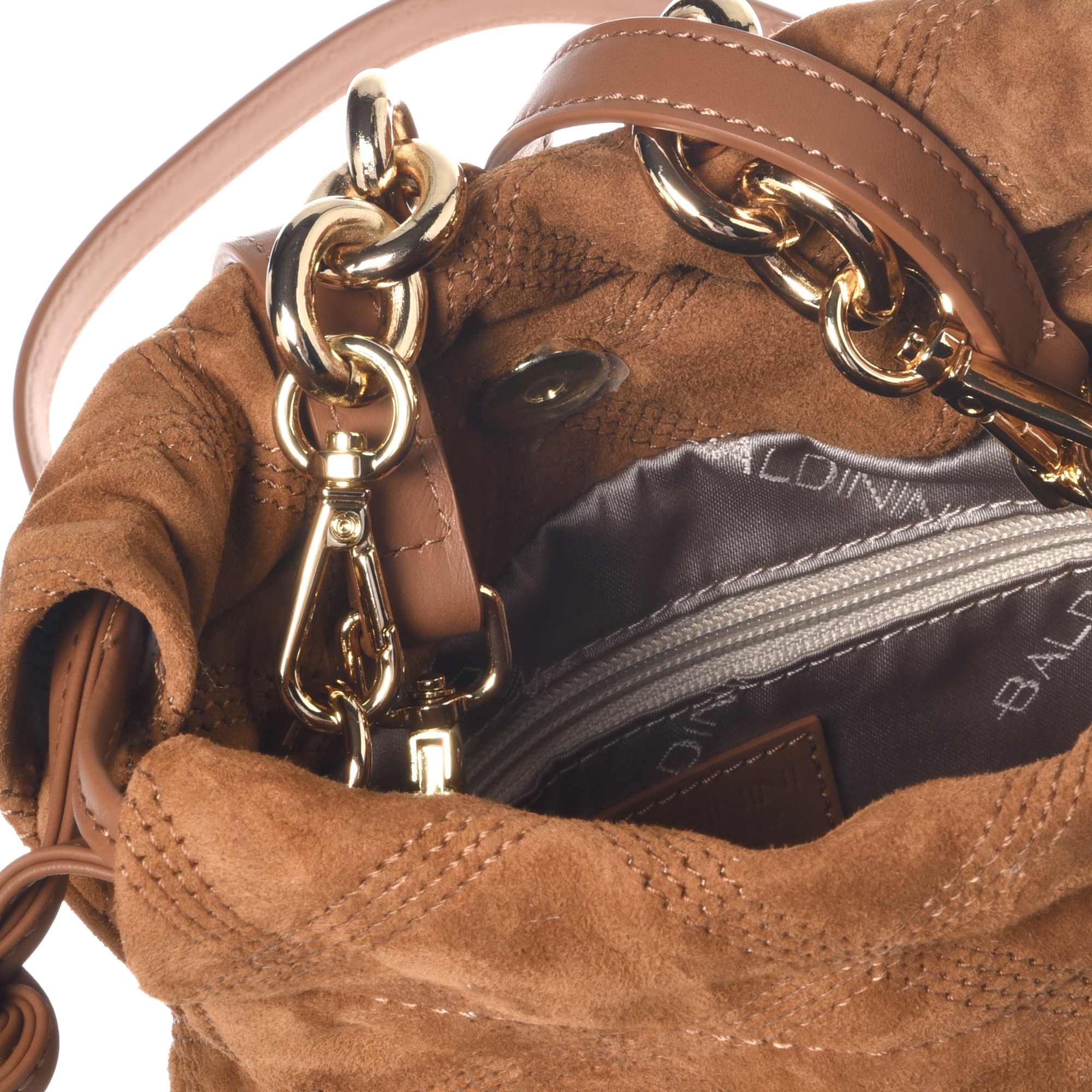 Baldinini, Geanta bucket din piele intoarsa cu lant, Maro