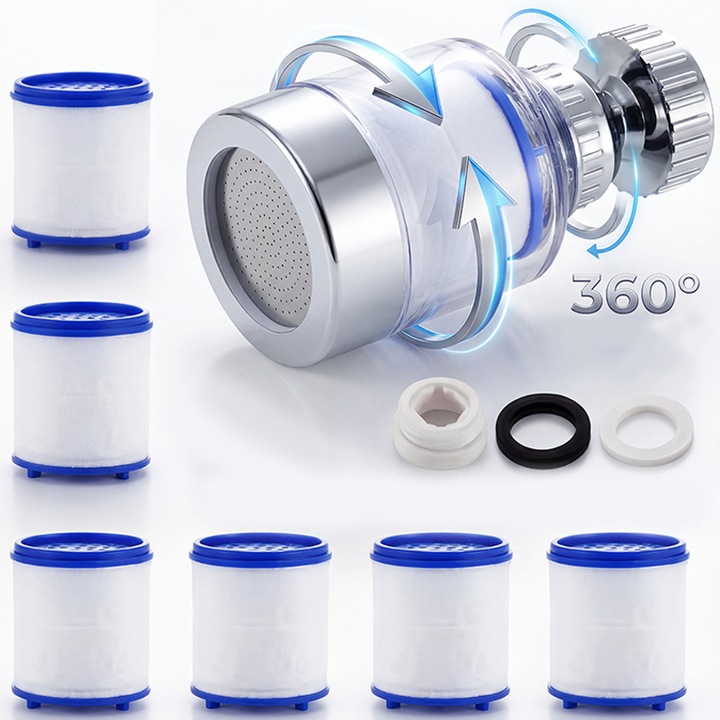 Filtru de apă pentru robinet Fugo, cap rotativ 360, 6 buc. filtre de rezervă, ABS, universal