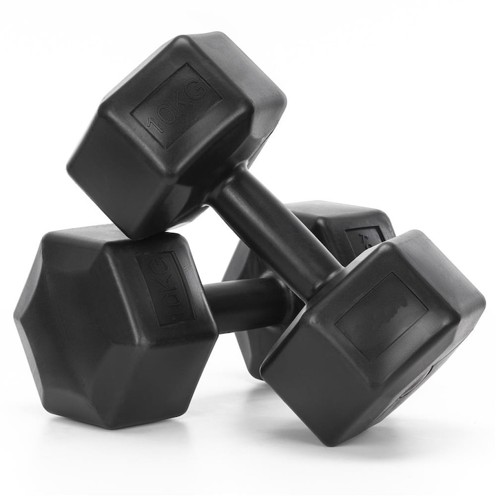 Set gantere hex 2x10 kg, bitum cu invelis rezistent PP, negru