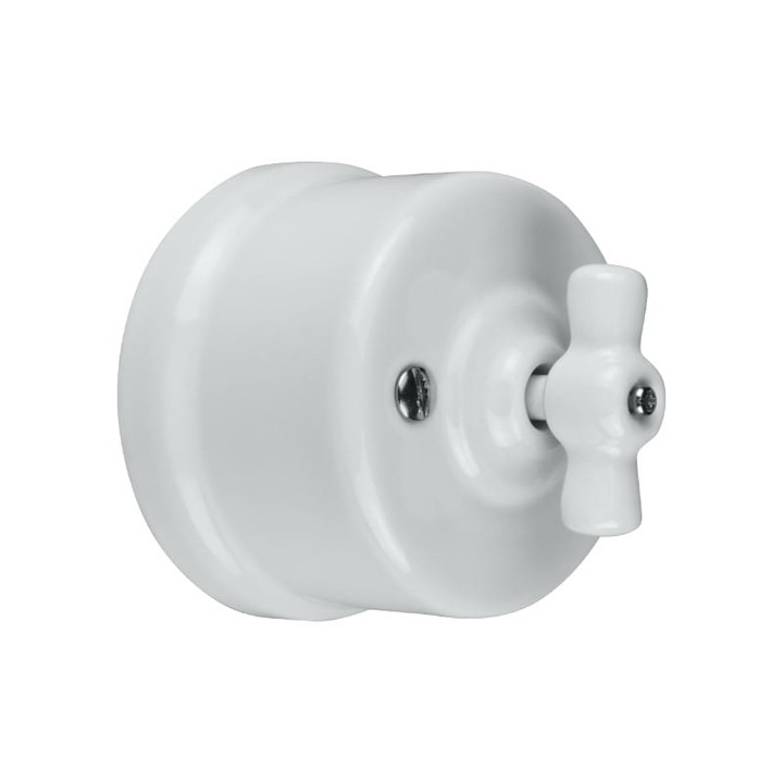 Intrerupator Rotativ Rotund din Ceramica Cap-Scara Retro Aplicat ALB IP20 Ø6, 6 x 5, 9cm DPM
