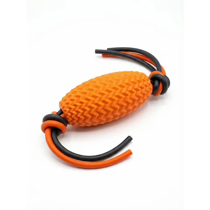 Kutyajáték – Interaktív rágó játék ovális TPR labda alakban, kötéllel, narancssárga
