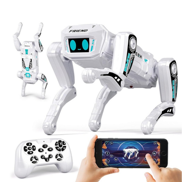 Интелигентно куче робот с дистанционно управление, Програмиране на действия, Двоен контрол, Повече от 30 функции, 25.4 x 19.05 x 11.43 сантиметра, Бял