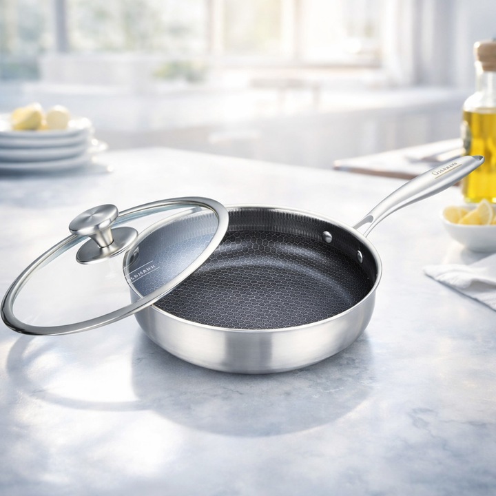 Тиган с капак Goldmann Fusionhex Pro, Дълбок, Незалепващо покритие, Неръждаема стомана, Трислоен, 28 сантиметра, Сребрист