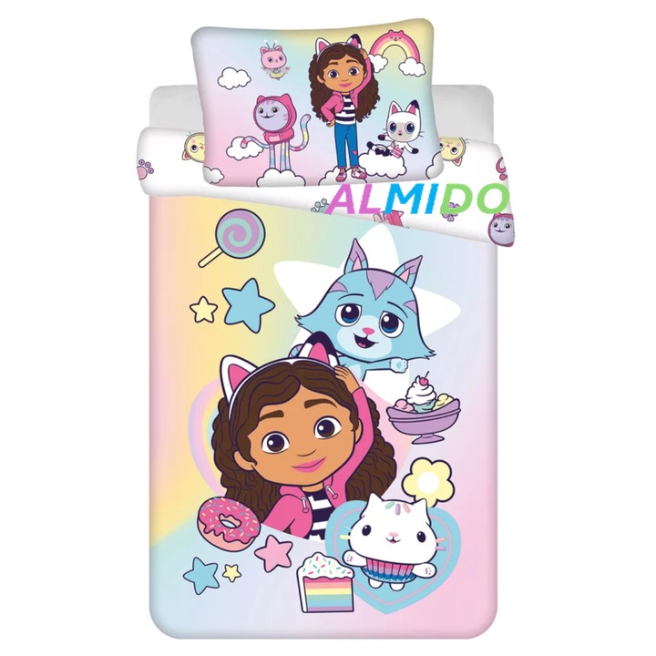 Set de lenjerie pat copii ALMIDO, Gabby's Dollhouse Sugar Dream, cearceaf pilota si husa fata de perna, 100x135 cm, 40x60 cm