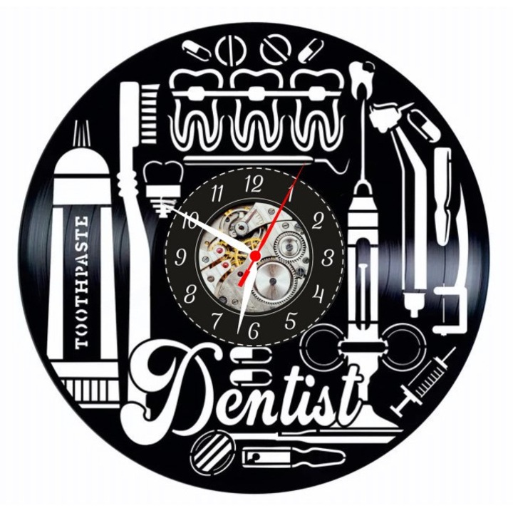 Ceas de perete decorativ - Dentist Tools & Care - Cabinet Stomatologic - realizat din disc de vinil (Vinyl Record), Negru, 30 cm