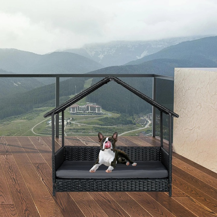Pat pentru câini Northix, exterior, cu baldachin, metal și polirattan, pentru rase mici și mijlocii, include perna de spumă moale