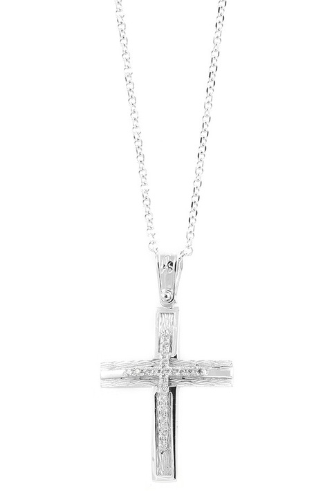 Crucifix din aur alb de 14K cu lant din aur de 9K, E-ORO.GR