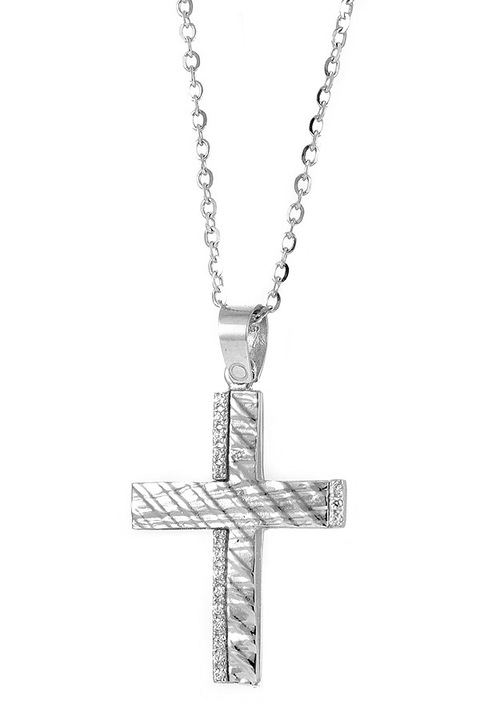 Cruce din aur alb de 14K cu lant din aur de 9K, bijuterii dama E-ORO.GR