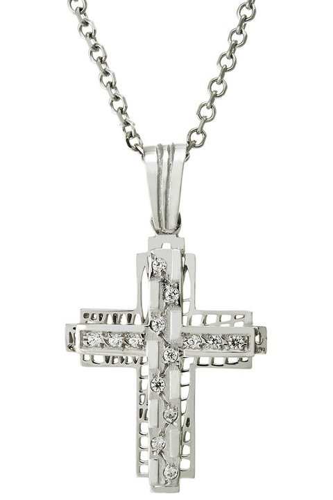 Crucifix din aur alb de 14K cu lant din aur de 9K, set bijuterii dama E-ORO.GR