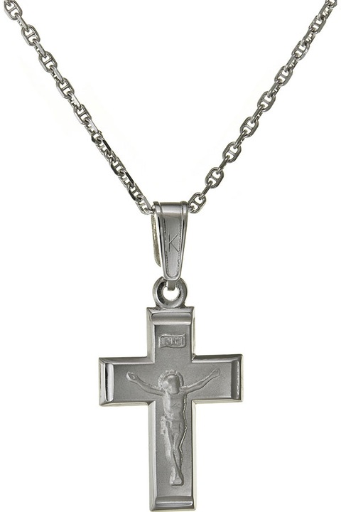 Cruce din aur alb de 14K cu lant din aur de 9K, E-ORO.GR