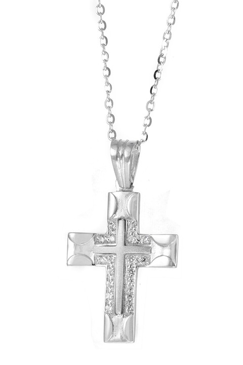 Crucifix din aur alb de 14K cu lant din aur de 9K, set bijuterii dama E-ORO.GR